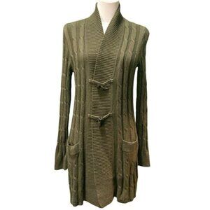 Talbots Long Sleeve Dark Green Cotton Blend Cable Knit Toggle Cardigan Size P